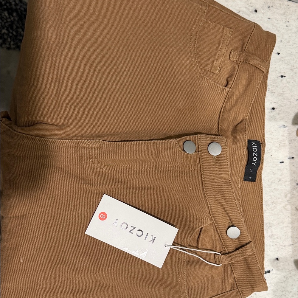 Asymmetrical Women's Boot Cut Jeans - Camel Tan trendy neutral classic chic 8